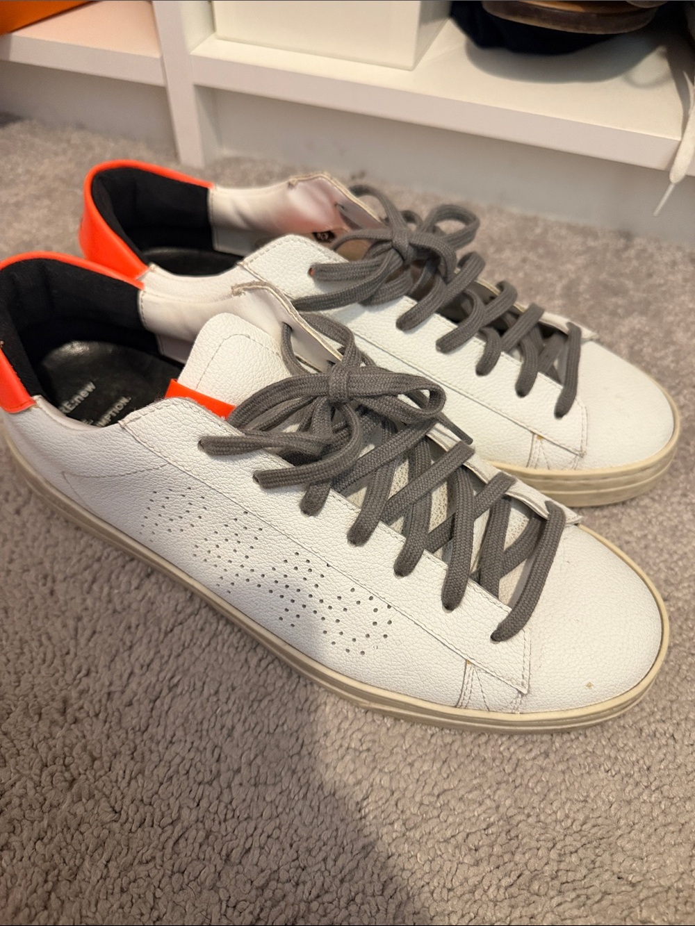 P448 White Leather Sneakers with Neon Orange Heel and Gray Laces